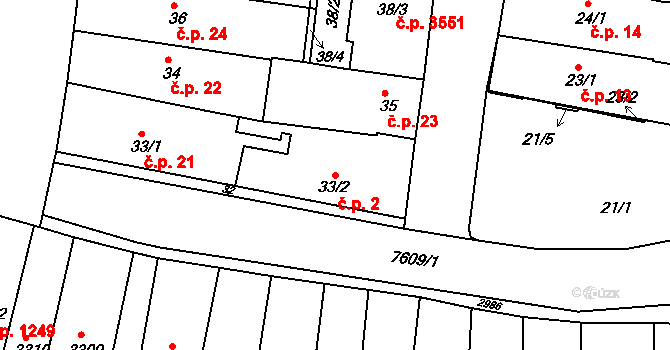 Frýdek 2, Frýdek-Místek na parcele st. 33/2 v KÚ Frýdek, Katastrální mapa