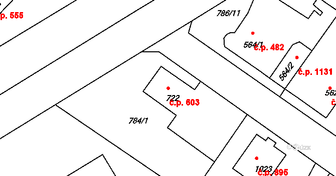 Bakov nad Jizerou 603 na parcele st. 722 v KÚ Bakov nad Jizerou, Katastrální mapa