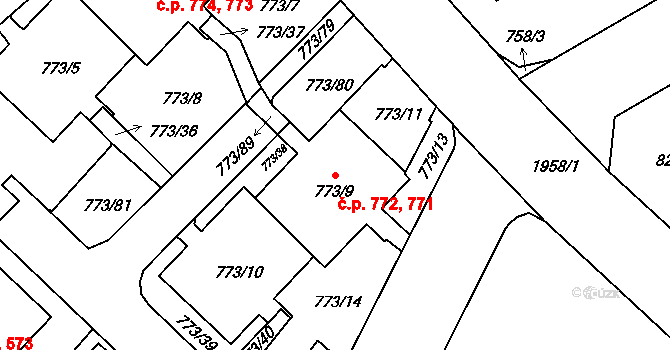 Lhotka 771,772, Praha na parcele st. 773/9 v KÚ Lhotka, Katastrální mapa
