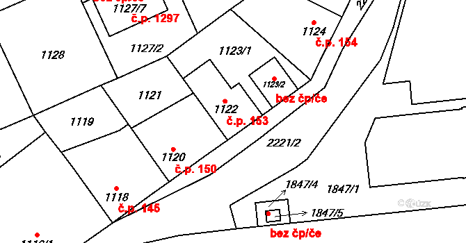 Stodůlky 153, Praha na parcele st. 1122 v KÚ Stodůlky, Katastrální mapa