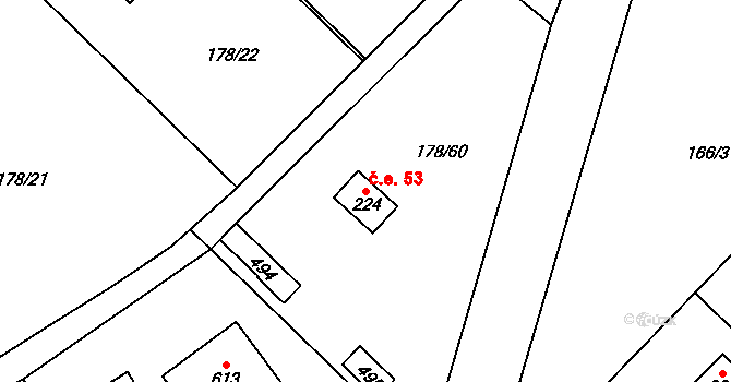 Lhotka 53, Svinaře na parcele st. 224 v KÚ Svinaře, Katastrální mapa