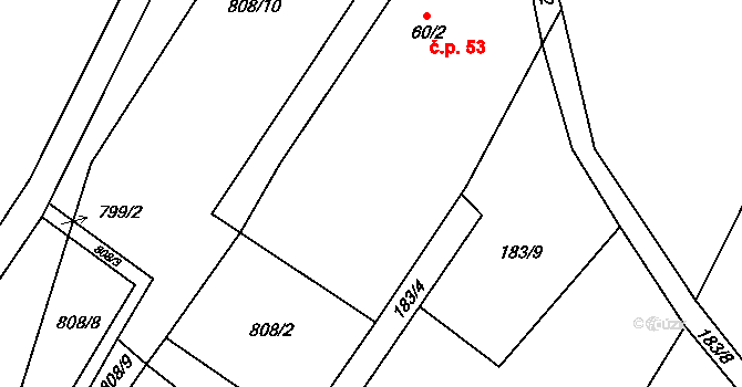 Obořiště 53 na parcele st. 60/2 v KÚ Obořiště, Katastrální mapa