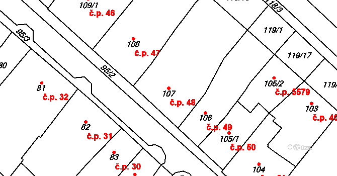 Chomutov 48 na parcele st. 107 v KÚ Chomutov I, Katastrální mapa