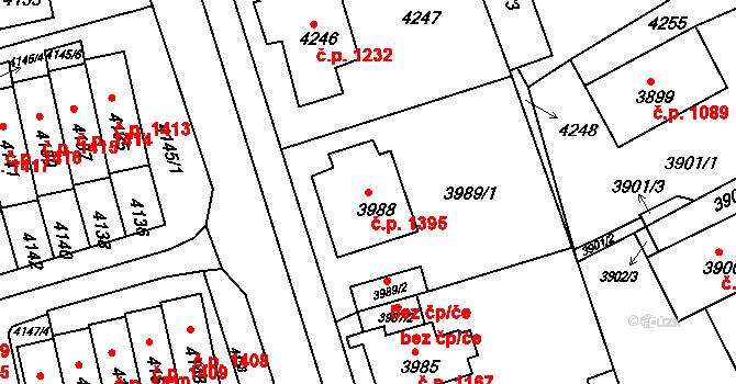 Jirkov 1395 na parcele st. 3988 v KÚ Jirkov, Katastrální mapa