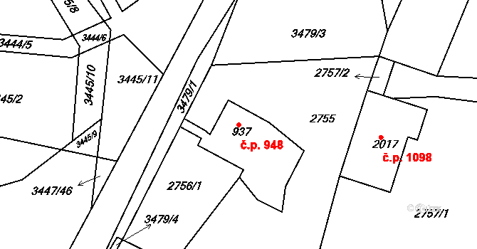 Rosice 948 na parcele st. 937 v KÚ Rosice u Brna, Katastrální mapa