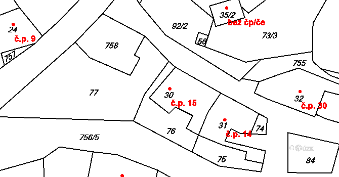 Robeč 15, Úštěk na parcele st. 30 v KÚ Robeč, Katastrální mapa