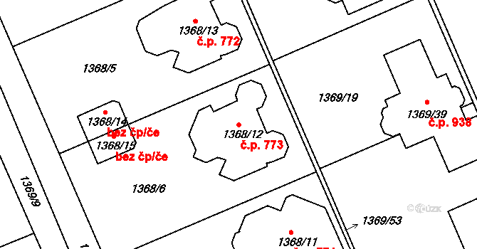 Černice 773, Plzeň na parcele st. 1368/12 v KÚ Bručná, Katastrální mapa