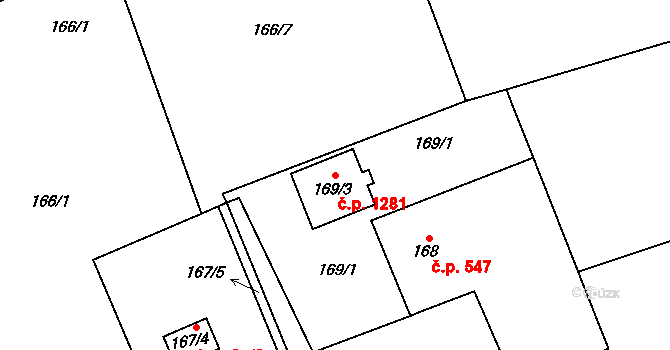 Prostřední Suchá 1281, Havířov na parcele st. 169/3 v KÚ Prostřední Suchá, Katastrální mapa
