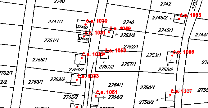 Bystřice nad Pernštejnem 1050 na parcele st. 2757/2 v KÚ Bystřice nad Pernštejnem, Katastrální mapa