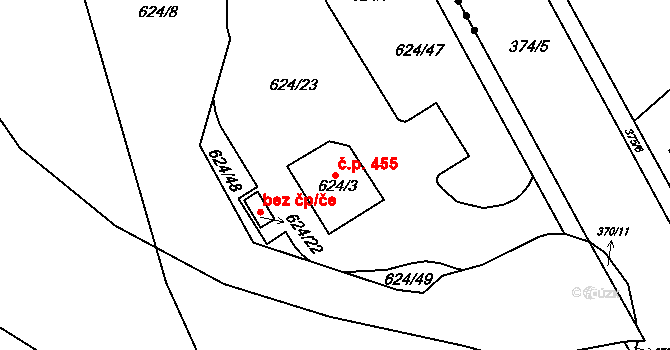 Svatava 455 na parcele st. 624/3 v KÚ Svatava, Katastrální mapa