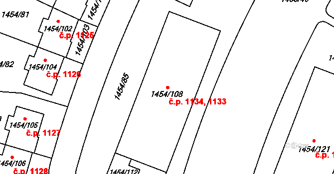 Černice 1133,1134, Plzeň na parcele st. 1454/108 v KÚ Černice, Katastrální mapa