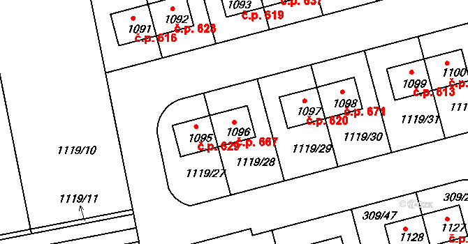 Nučice 667 na parcele st. 1096 v KÚ Nučice u Rudné, Katastrální mapa