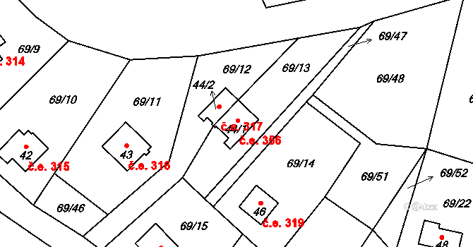 Podhoří 356, Cheb na parcele st. 44/1 v KÚ Podhoří u Chebu, Katastrální mapa