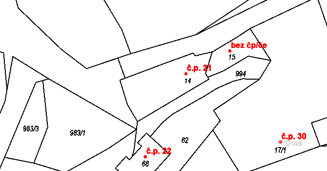 Lbosín 21, Divišov na parcele st. 14 v KÚ Lbosín, Katastrální mapa