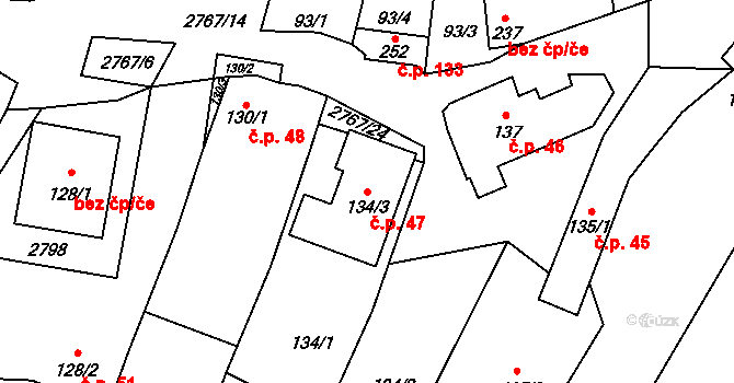 Bohuslavice nad Vláří 47 na parcele st. 134/3 v KÚ Bohuslavice nad Vláří, Katastrální mapa