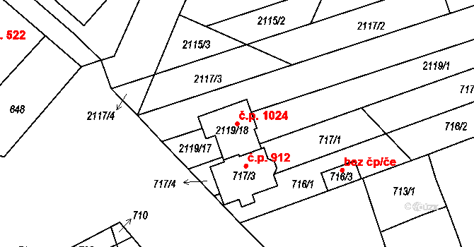 Lužice 1024 na parcele st. 2119/18 v KÚ Lužice u Hodonína, Katastrální mapa