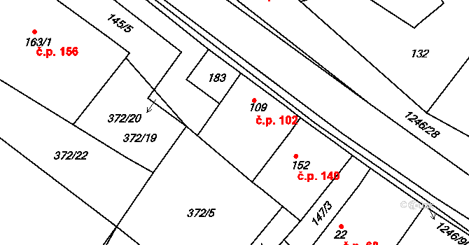 Veliny 102 na parcele st. 109 v KÚ Veliny, Katastrální mapa