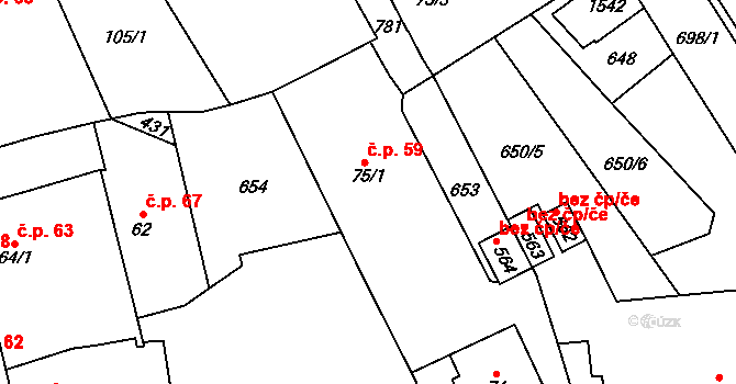 Rosice 59, Pardubice na parcele st. 75/1 v KÚ Rosice nad Labem, Katastrální mapa