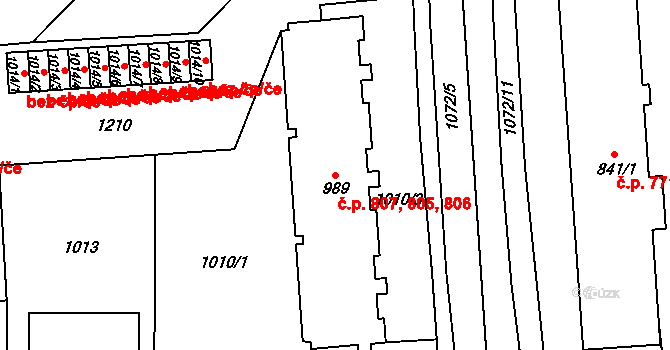 Svítkov 805,806,807, Pardubice na parcele st. 989 v KÚ Svítkov, Katastrální mapa