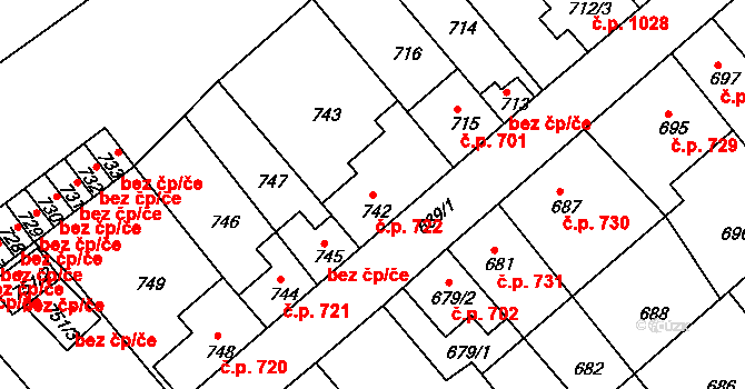 Odry 722 na parcele st. 742 v KÚ Odry, Katastrální mapa