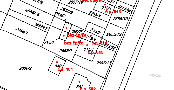 Žirovnice 615 na parcele st. 713/1 v KÚ Žirovnice, Katastrální mapa