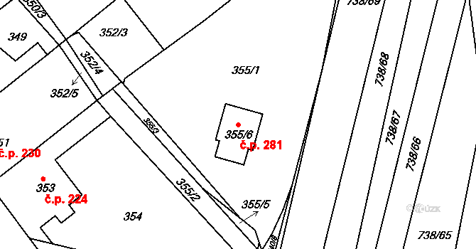 Vícemilice 281, Bučovice na parcele st. 355/6 v KÚ Vícemilice, Katastrální mapa