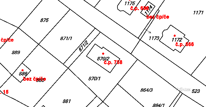Hodkovice nad Mohelkou 758 na parcele st. 870/2 v KÚ Hodkovice nad Mohelkou, Katastrální mapa