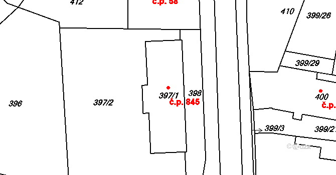 Týniště nad Orlicí 845 na parcele st. 397/1 v KÚ Týniště nad Orlicí, Katastrální mapa