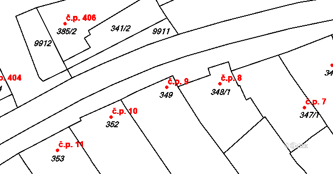 Dolní Dunajovice 9 na parcele st. 349 v KÚ Dolní Dunajovice, Katastrální mapa