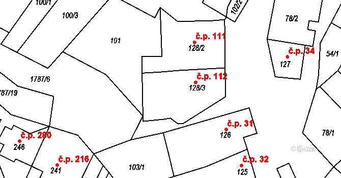 Bohutice 112 na parcele st. 128/3 v KÚ Bohutice, Katastrální mapa