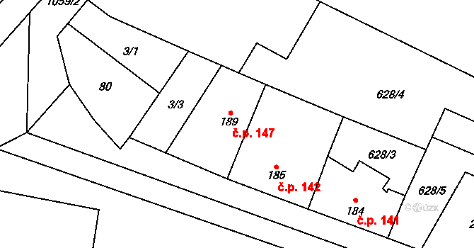 Hrubý Jeseník 147 na parcele st. 189 v KÚ Hrubý Jeseník, Katastrální mapa