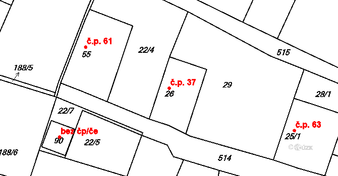 Lovčice 37, Bílé Podolí na parcele st. 26 v KÚ Lovčice, Katastrální mapa