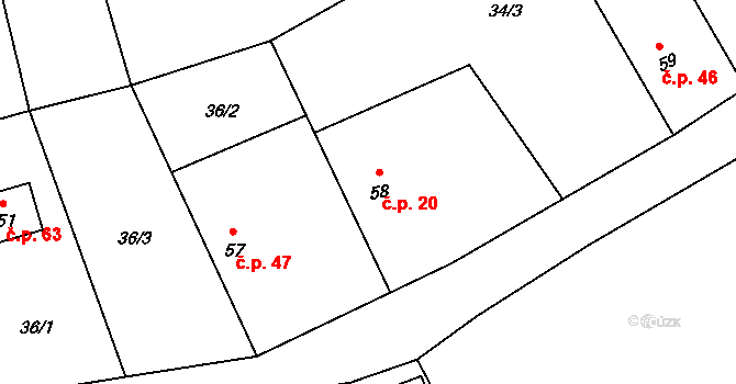 Bělokozly 20, Sázava na parcele st. 58 v KÚ Bělokozly, Katastrální mapa