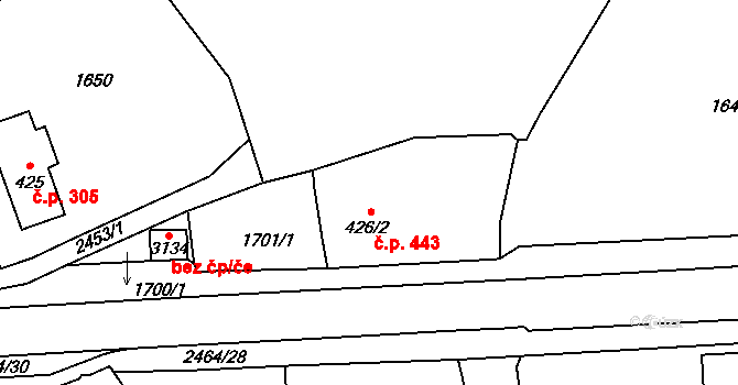 Jablonec nad Nisou 443 na parcele st. 426/2 v KÚ Jablonec nad Nisou, Katastrální mapa