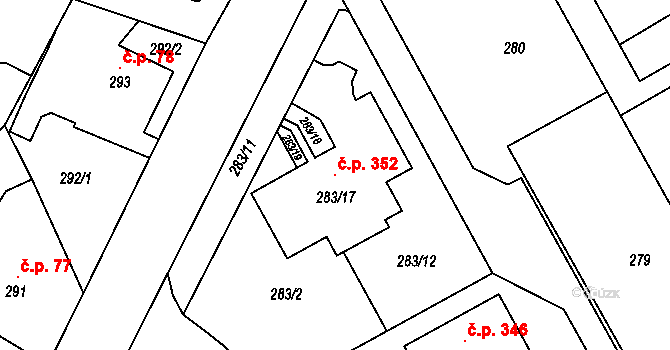 Chuchelná 352 na parcele st. 283/17 v KÚ Chuchelná, Katastrální mapa