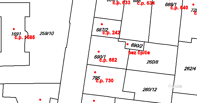 Nymburk 652 na parcele st. 690/1 v KÚ Nymburk, Katastrální mapa