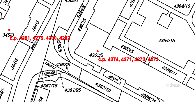 Jihlava 4271,4272,4273,4274 na parcele st. 4363/3 v KÚ Jihlava, Katastrální mapa