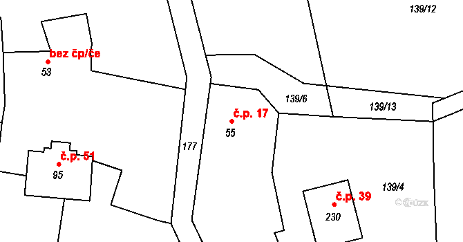 Bocanovice 17 na parcele st. 55 v KÚ Bocanovice, Katastrální mapa