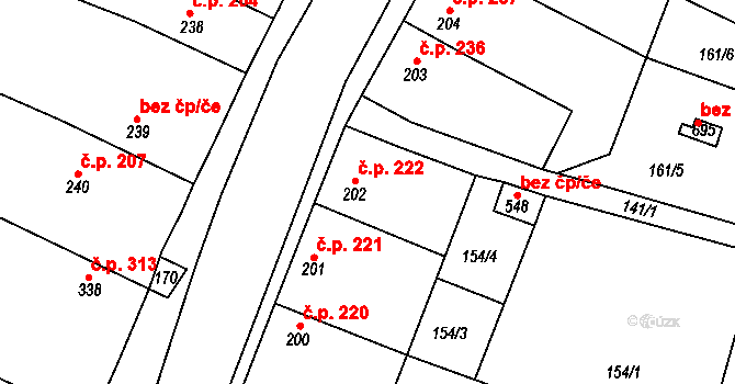 Rožďalovice 222 na parcele st. 202 v KÚ Rožďalovice, Katastrální mapa