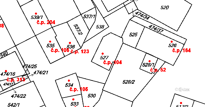 Milokošť 104, Veselí nad Moravou na parcele st. 527 v KÚ Milokošť, Katastrální mapa
