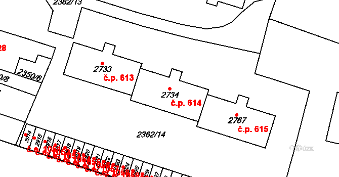 Kyjov 614 na parcele st. 2734 v KÚ Kyjov, Katastrální mapa