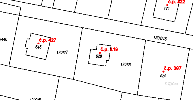 Hudlice 419 na parcele st. 628 v KÚ Hudlice, Katastrální mapa