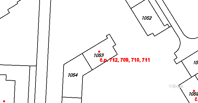 Uničov 709,710,711,712 na parcele st. 1053 v KÚ Uničov, Katastrální mapa