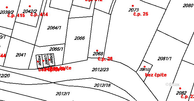 Pisárky 26, Brno na parcele st. 2068 v KÚ Pisárky, Katastrální mapa