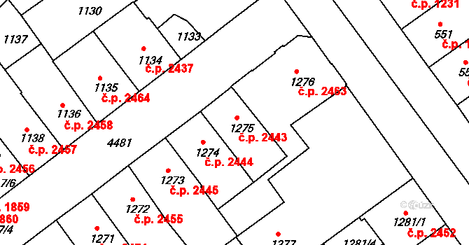 Teplice 2443 na parcele st. 1275 v KÚ Teplice, Katastrální mapa