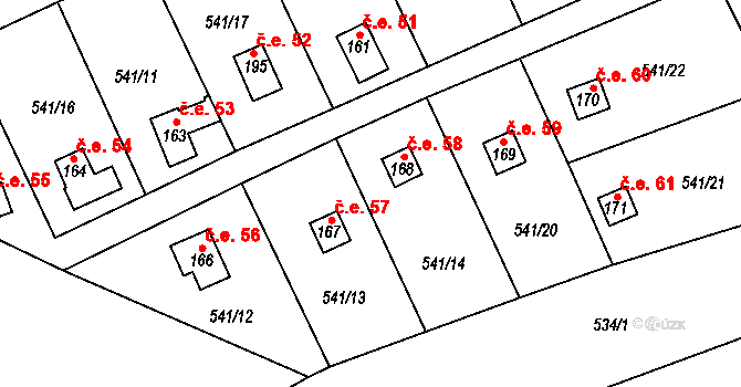 Lhotka 58 na parcele st. 168 v KÚ Lhotka u Mělníka, Katastrální mapa