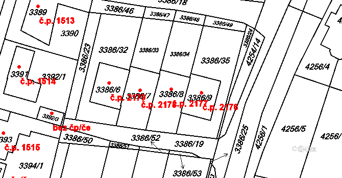 Horní Počernice 2177, Praha na parcele st. 3386/8 v KÚ Horní Počernice, Katastrální mapa
