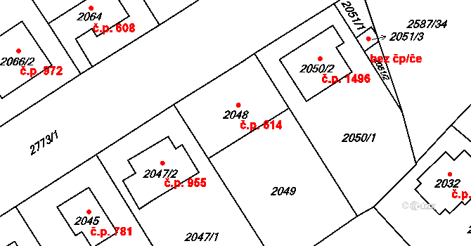 Kyje 614, Praha na parcele st. 2048 v KÚ Kyje, Katastrální mapa