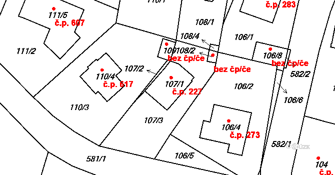 Horní Měcholupy 227, Praha na parcele st. 107/1 v KÚ Horní Měcholupy, Katastrální mapa