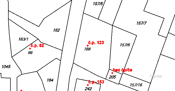 Bečváry 123 na parcele st. 168 v KÚ Bečváry, Katastrální mapa